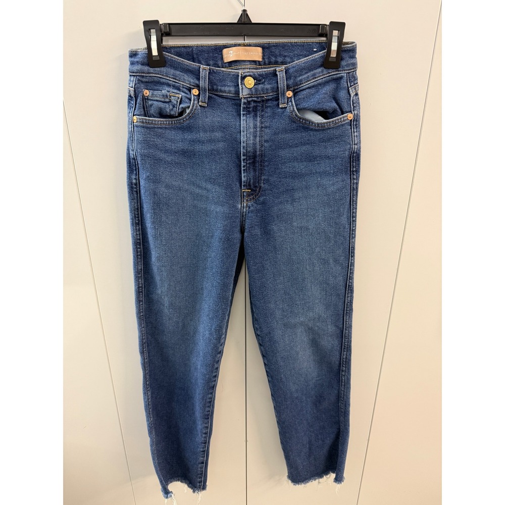 7 For All Mankind Luxe Vintage High Rise Straight Leg Raw Hem Jeans Blue 27